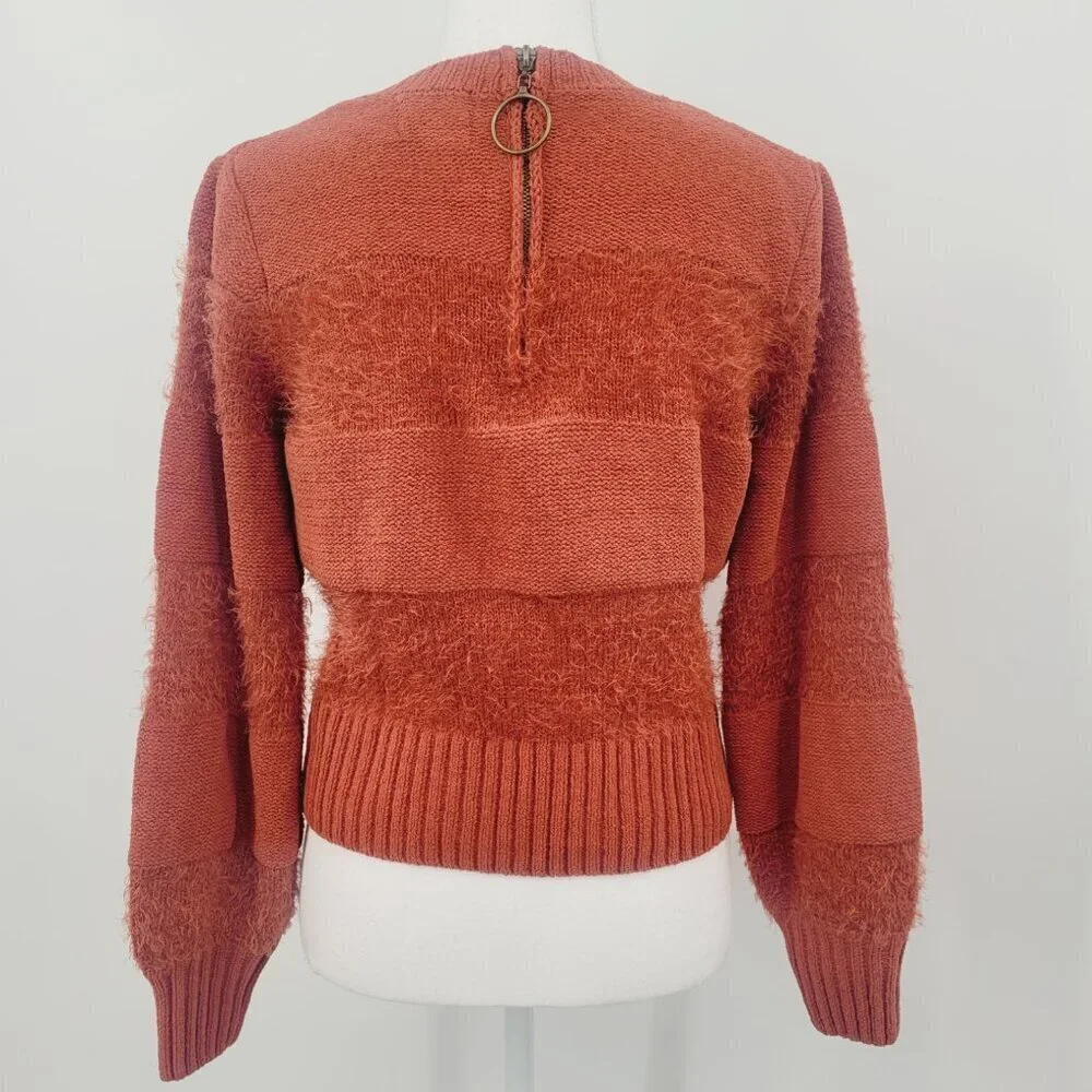 Hippie Rose Chenille Cropped Eyelash Striped Back Zip Crewneck Sweater